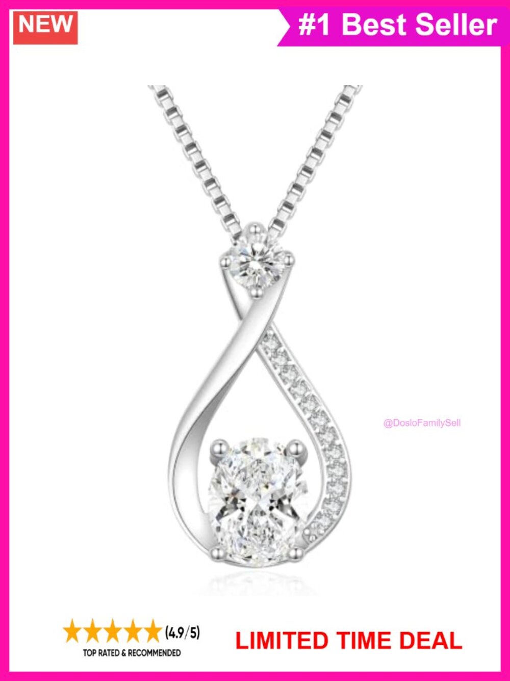 Moissanite Infinity Pendant Necklace 925 Sterling Silver Rhodium Plated